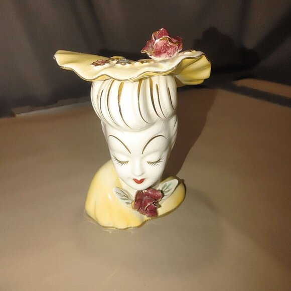 Lefton Japan Lady Head Vase 1950 Porcelain Decor Vintage Flowers Bow MCM Crazing - Picture 2 of 8